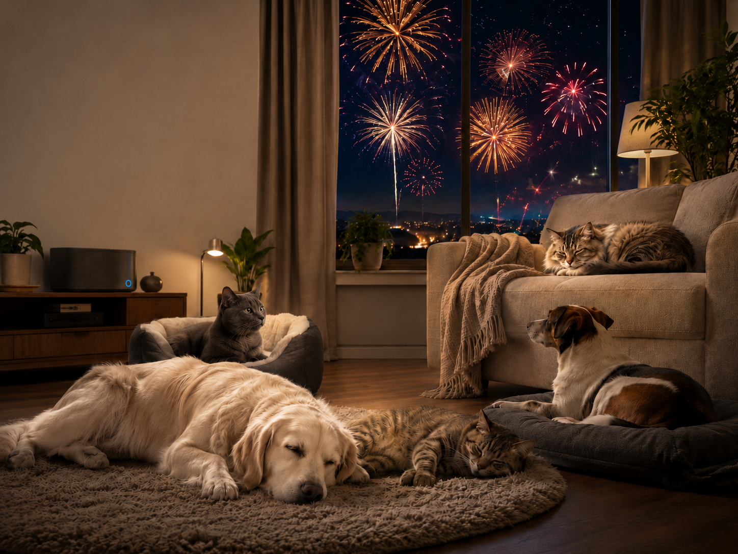 Pets tranquilos em casa durante fogos de artifício, com o áudio de mascaramento